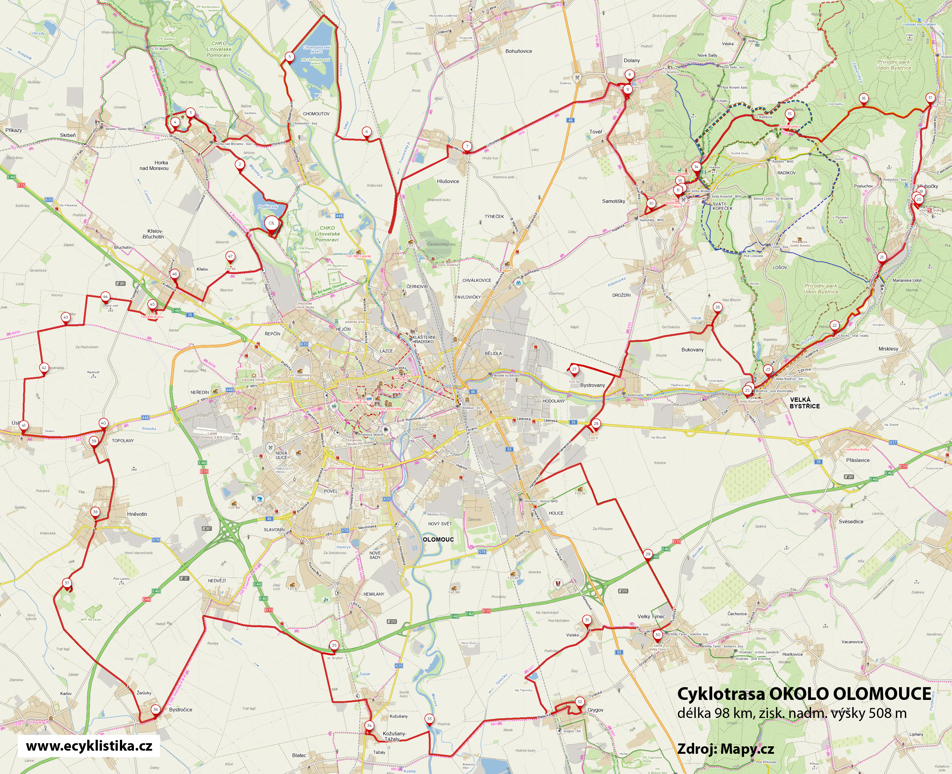 Mapa cyklotrasy OKOLO OLOMOUCE (zdroj: www.mapy.cz)