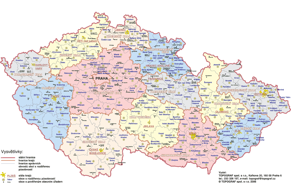 Správní mapa České republiky - krajské uspořádání (zdroj: Topograf.cz)